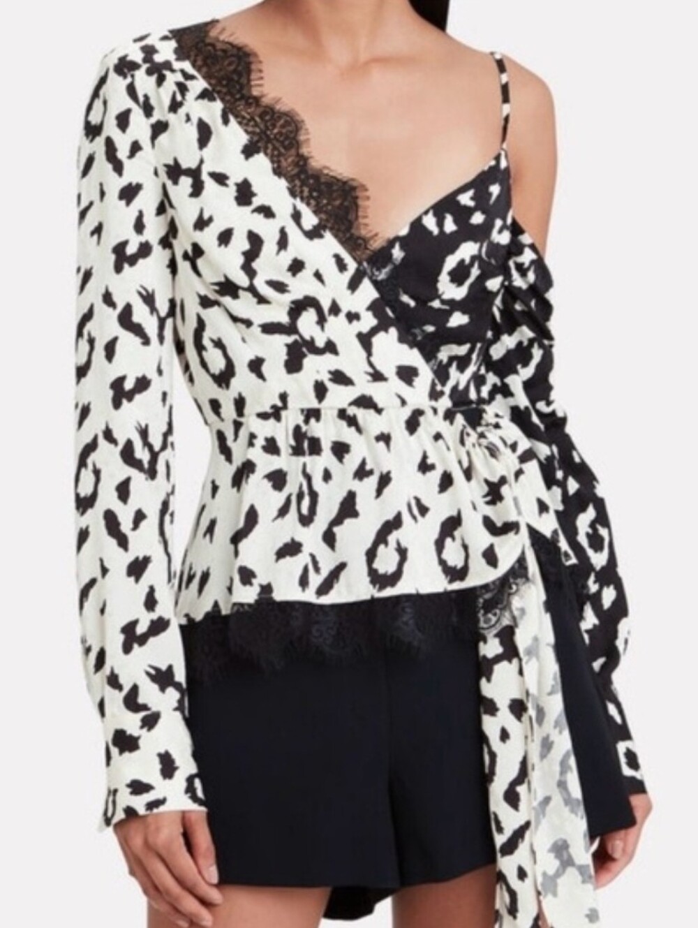 🔥Self-Portrait Black and White Leopard-Print Lace-Trim Wrap Top